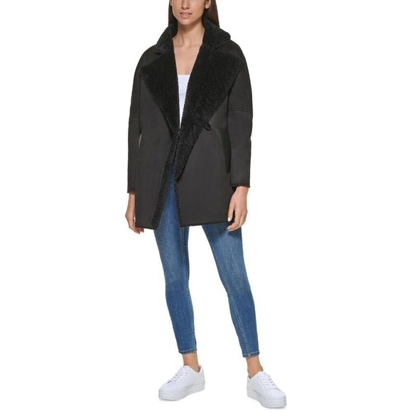 Calvin Klein Coat Womens XL Black Midi Warm‎ Faux Fur Coat NWT - Picture 1 of 11